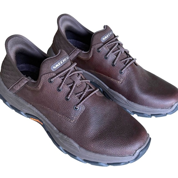 Skechers Leather Slip Ins Goga Mat Arch Memory Foam Men's Brown Size 12 - Picture 4 of 14